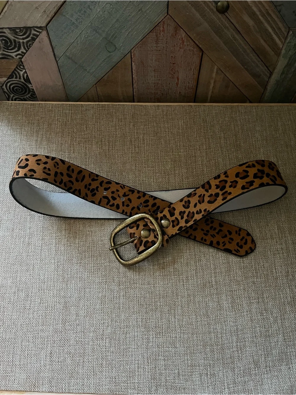 Leopard Print Brown Women’s Belt with Antique Gold Buckle